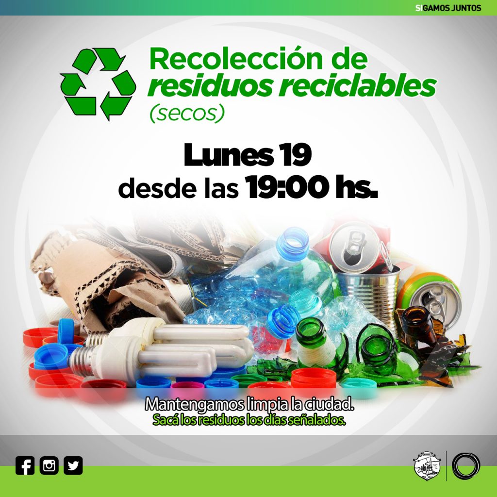 El lunes habrá recolección de residuos reciclables.