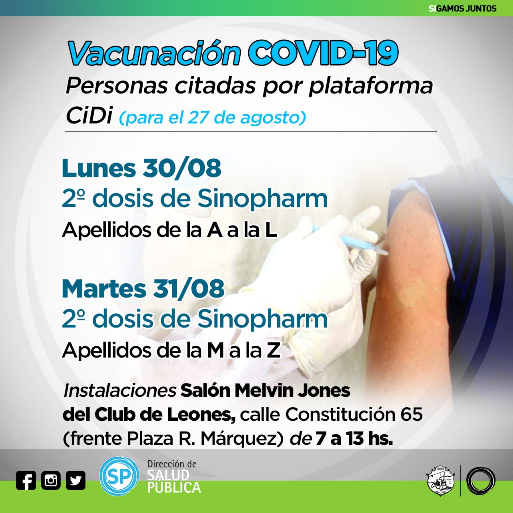 El lunes y martes próximos se vacunará con Sinopharm (2º dosis) a los citados para hoy viernes 27