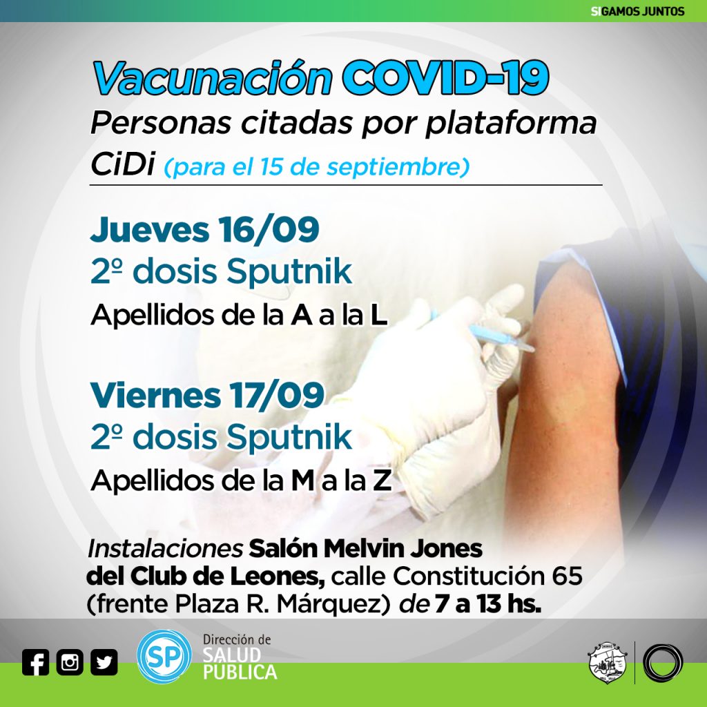 Jueves y viernes se vacunará con Sputnik 2º Dosis