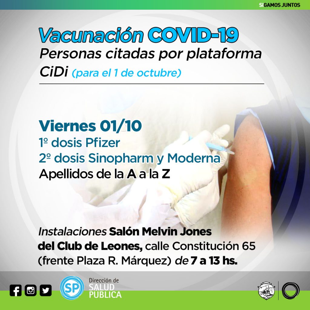 Mañana se vacunará con Moderna, Sinopharm y Pfizer a los citados para el mismo 1 de octubre