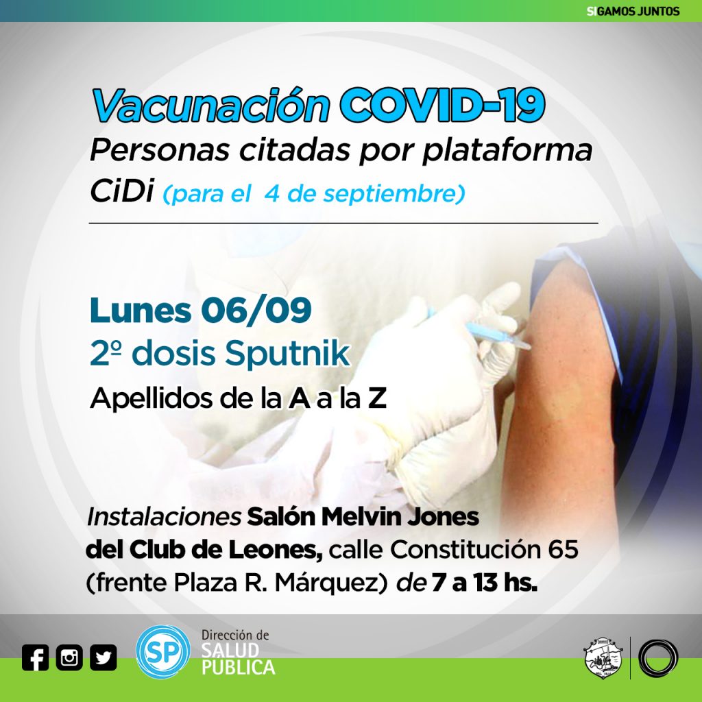 El lunes 6 se vacunará con 2º dosis de Sputnik a personas citadas para este sábado 4.