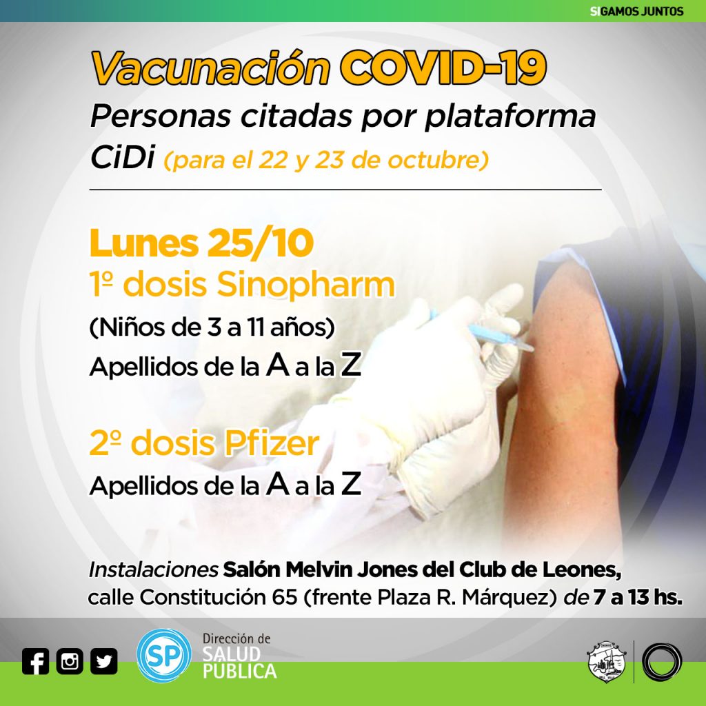 Covid 19: El lunes 25 se vacuna a citados para el 22 y 23 de octubre