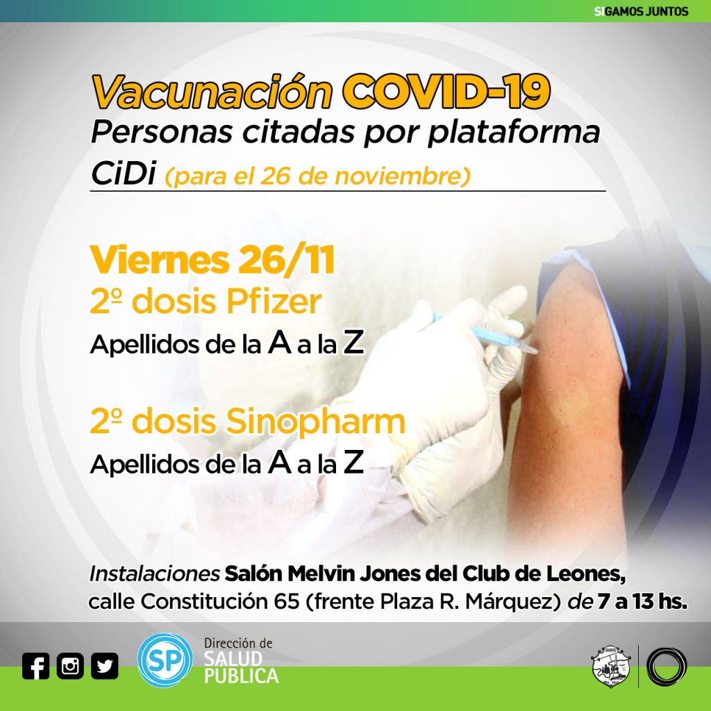 Programa de vacunación contra Covid 19 para este viernes 26