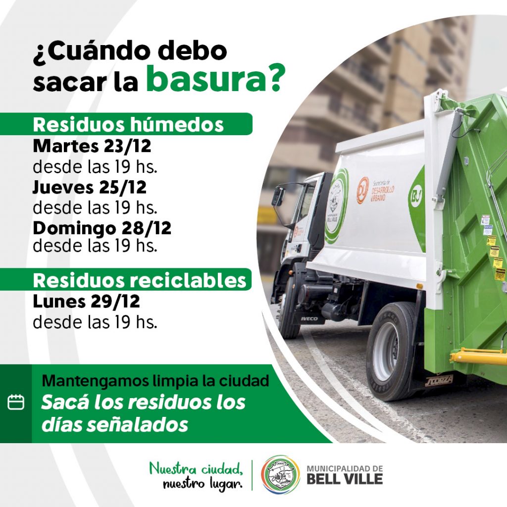 La recolección de residuos será normal el 25 y habrá guardias en salud